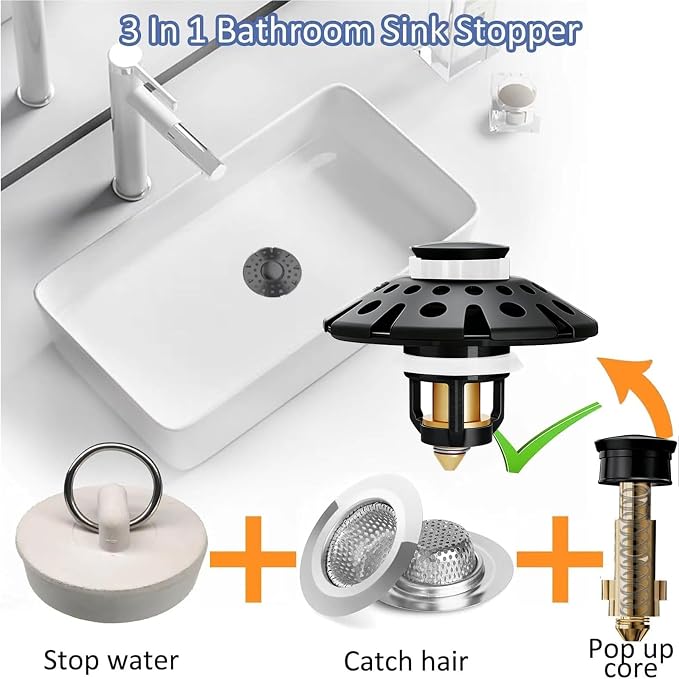 AzWzz Bathroom Sink Drain Strainer, 3 in 1 Pop Up Bathroom Sink Stopper Plug - Image 4