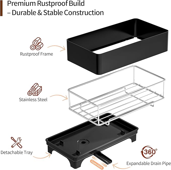 MOUKABAL Sponge Holder for Kitchen Sink, Rustproof Stainless Steel Black - Image 2