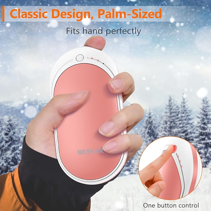 BESKAR Rechargeable Hand Warmer, 5200mAh Electric Hand Heater, Double-Sided Heating, USB Quick Charge, Portable Pocket Hand Warmer for Outdoor, Golf, Raynauds - Winter Gift