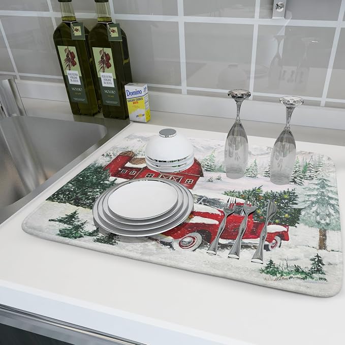 Winter Red Truck Dish Drying Mat Christmas Tree Dishes Pad 18x24 Inch Dish - Image 6