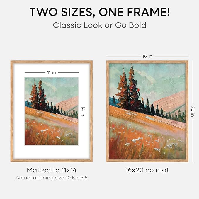 Homeforia 16x20 Wooden Frame, High End Natural Oak 16x20 Light Wood Picture Frame with Mat 11x14, 16 by 20 Poster Frames Matted to 11 x 14 Photo, 20by16 Thin Frames, Tempered Glass, Wall Kit, Set of 2
