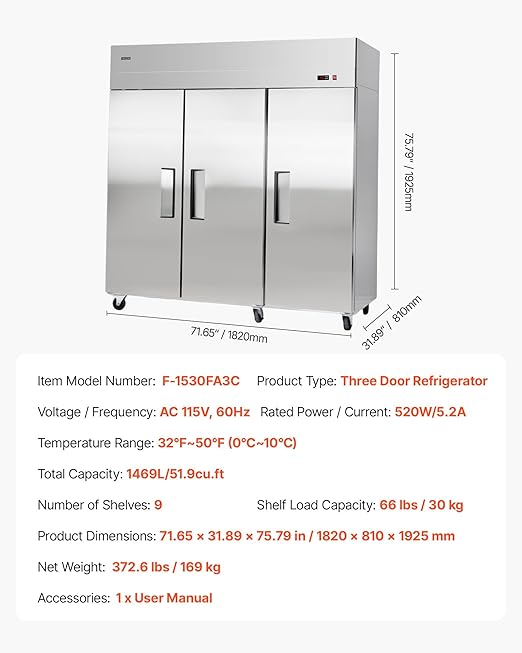 VEVOR Commercial Reach-In Refrigerator 72" W, 52 Cu.Ft Stainless Steel Upright Refrigerator with Three Doors, Auto-Defrost, 9 Adjustable Shelves, 32 to 50℉ Temp Control, UL Certified