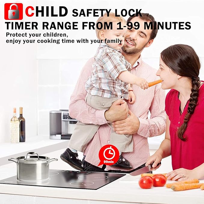 Karinear Drop-in 4 Burner Electric Cooktop 24 Inch Radiant Cooktop, Electric Stove Top with Residual Heat Indicator, Child Safety Lock, Timer, 220-240V, 6000W, Hard Wire(No Plug)