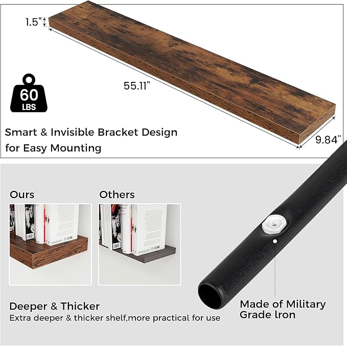 Floating Shelves for Wall 55"W x 10"D x 1.5"H, Engineered Wood Wall Shelves with Invisible Brackets for Living Room Bedroom Bathroom Office Kitchen Decor and Storage, Rustic Brown Finish, Set of 1