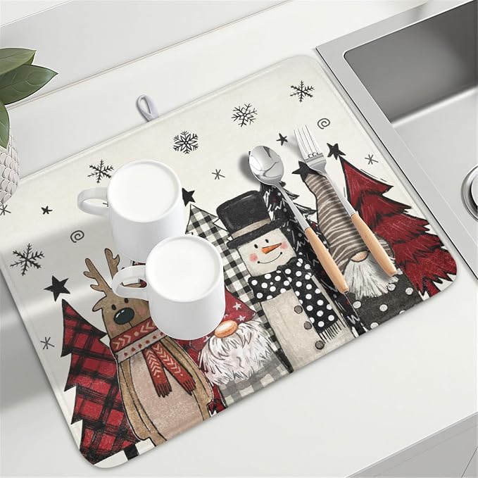 Giwawa Winter Snowman Gnome Dish Drying Mat Xmas Tree Dishes Pad 18"x24" - Image 8