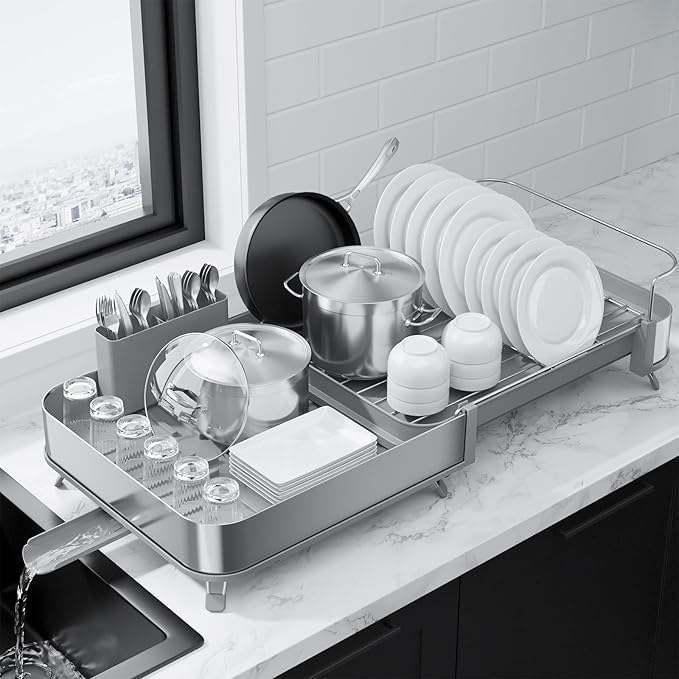 Kitsure Expandable Metal Dish Drying Rack, 16.1-26.6" L x 12.6" W, Auto-Drain by Kitsure
