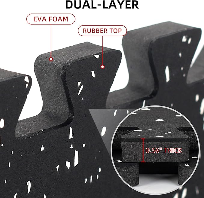 0.56in Thick 96 Sq Ft Exercise Equipment Mats, 24 Tiles Rubber Top EVA Foam Workout Mats, Interlocking Gym Flooring for Home Gym, 24 x 24in, Black & White