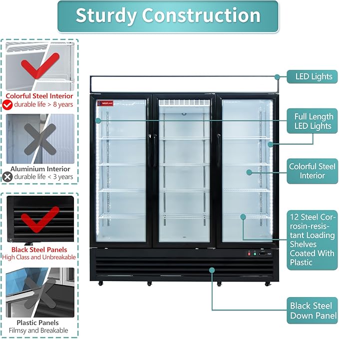 WESTLAKE 73" W Merchandiser Commercial Display Refrigerator 3 Glass Door 3 Section Reach-in Glass Door Upright Fan Cooling 54 Cu.ft Cooler for Restaurant, Bar, Shop, etc
