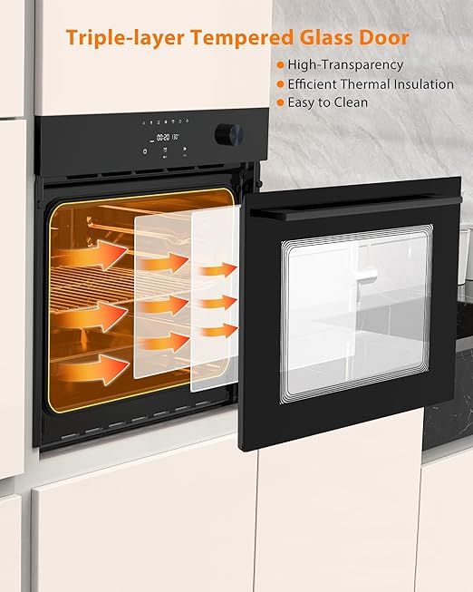 24 Inch Built-in Electric Single Wall Oven, 2.5 Cu.Ft. Smart 8-Mode Convection with 3D Heating, Safe 3-Layer Glass, Professional Touch Control & 500°F Max Temp for the Modern Home Kitchen