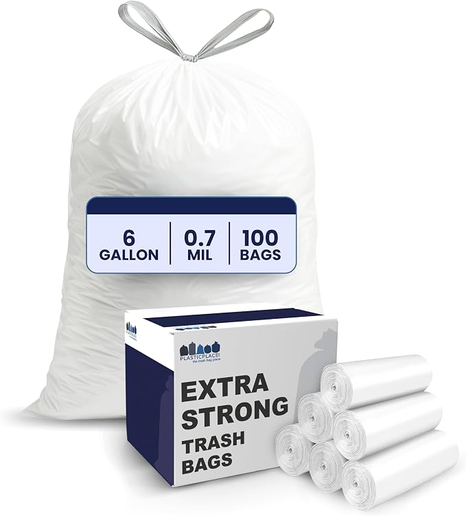 Plasticplace 6 Gallon Trash Bags White Drawstring Garbage Can Liners, 17” x 20” by Plasticplace