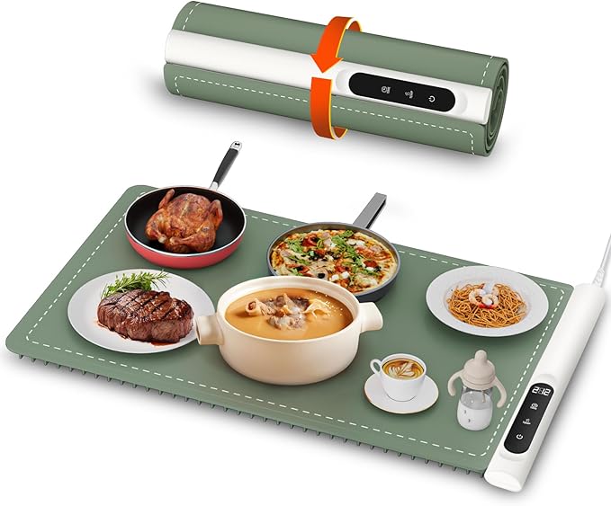 Graphene Warming Mat for Food - Fast Full Surface Heating Electric Warming Tray, Portable Food Warmer for Parties Buffet with 6 Temperature and Timer Settings, Gifts for Mom Wife, Green