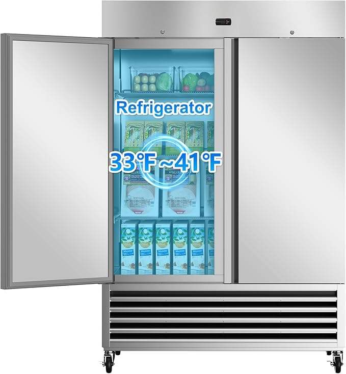 54" W Commercial Refrigerator, 46 Cu.ft Stainless Steel Reach-in Upright Fridge with 2 Solid Door and 3 Adjustable Shelves for Restaurant, Bar, Shop, ETL Approved