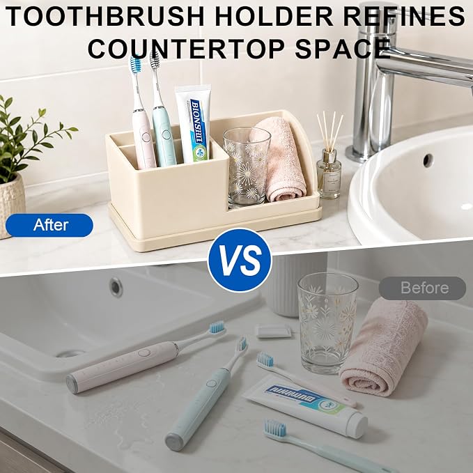 Bathroom Toothbrush Holders, 4 Slots Silicone Counter Organizer Storage Beige - Image 5