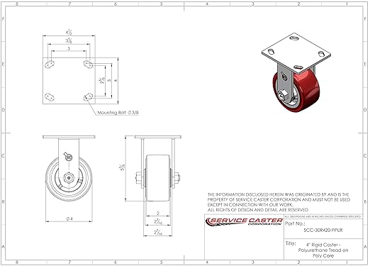 Service Caster Brand Replacement Caster for Uline Caster H-6612R - Rigid Top Plate Caster with 4 Inch Polyurethane Wheel - Heavy Duty Replacement Caster - Fits Platform, U-Boat and Panel Trucks H-4168