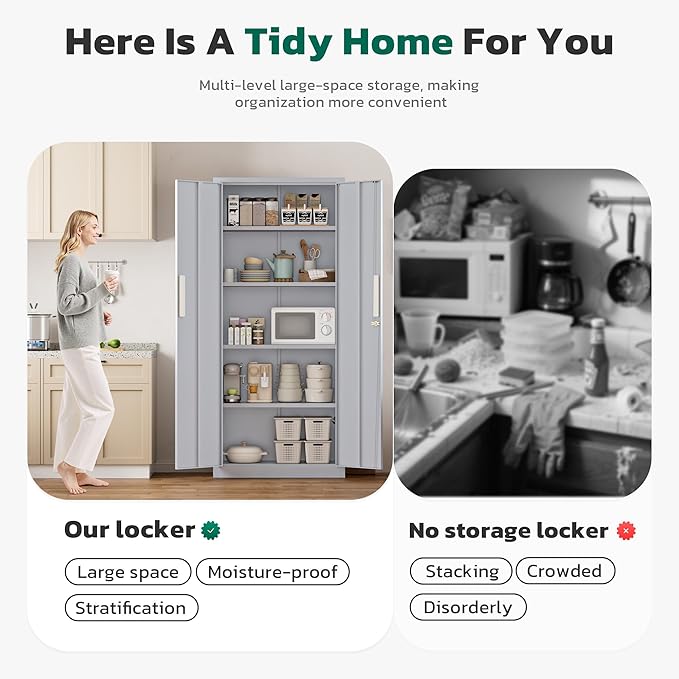 Greenvelly Metal Storage Cabinet, 63" H Locking Metal Storage Cabinet with Doors and 4 Shelves, Lockable Steel Cabinets for Kitchen, Bedroom, Living Room, Office (Dark Grey)