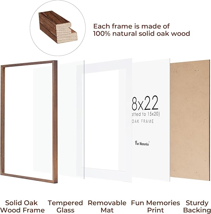 Fun Memories Solid Oak Walnut 18x22 Picture Frame with Real Glass, Matted for 15x20, Home Decor (Walnut, 1 Pack)