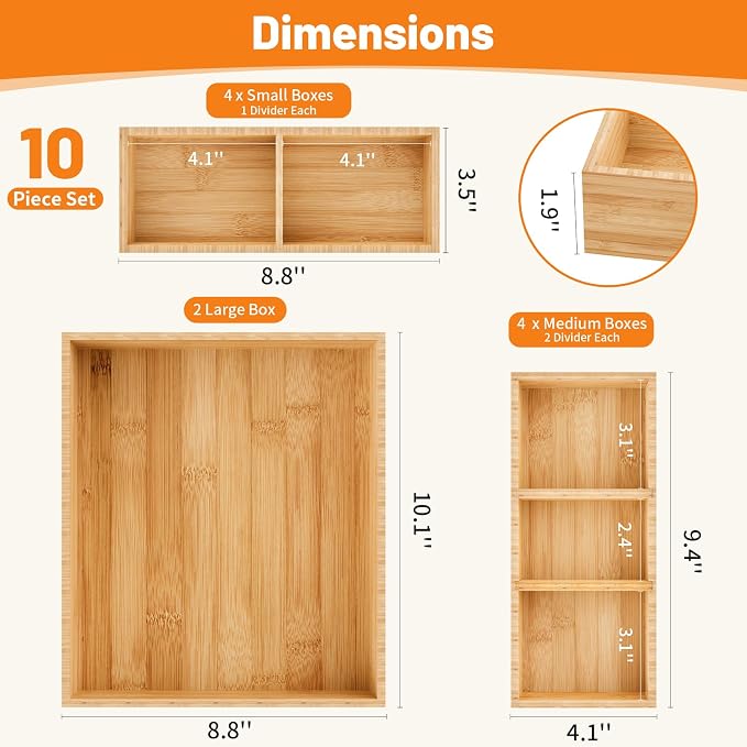 Bamboo Drawer Organizer, 10-Piece Stackable Trays - Image 2
