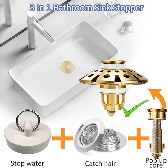 AzWzz Bathroom Sink Drain Strainer, 3 in 1 Pop Up Bathroom Sink Stopper Plug - Image 4