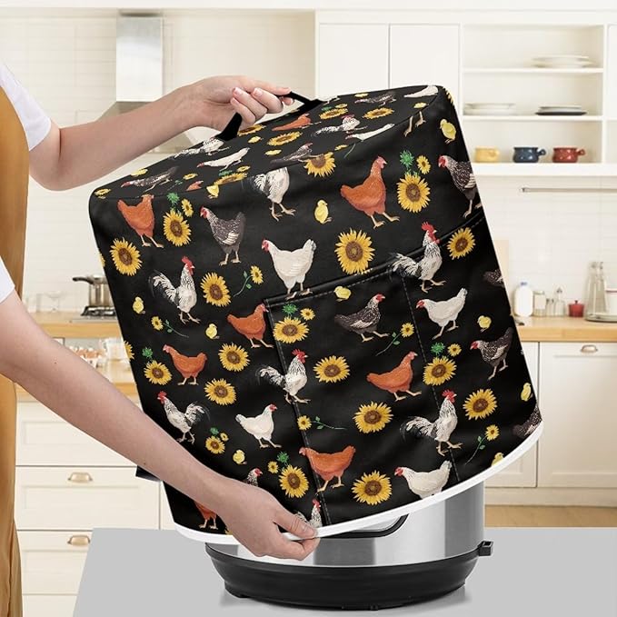 Insulated Pressure Cooker Appliance Cover, Also Fit for Rice Cooker, Air Fryer and Crock Pot, 3 Qt Dust Cover with Pocket for Spoon/Cooking Utensils/Recipes, Chicken Sunflower Black
