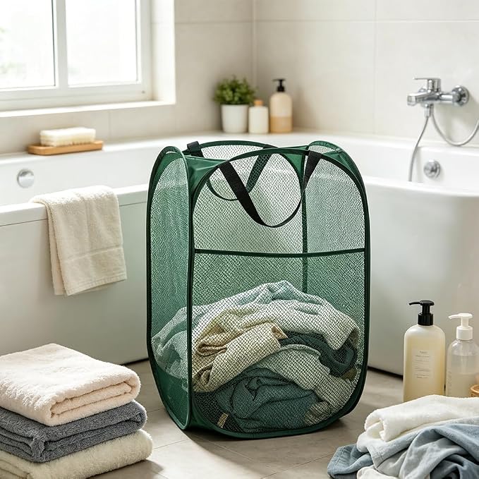 Larpur Pop Up Laundry Hamper Collapsible Mesh Clothes Basket, Dark Green - Image 2