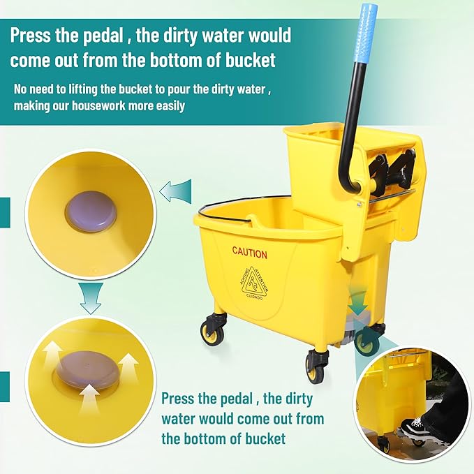Press Wringer Combo Commercial Rectangular Mop Bucket on Wheels, 35-Quart, Yellow,Add One Commercial Mop and One Set Rubber Gloves
