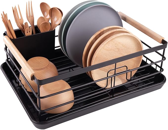 BRIAN & DANY Dish Drying Rack, Dish Racks for Kitchen Counter, Stainless Steel Dish Drainer with Removable Cutlery Holder & Drainboard, Black