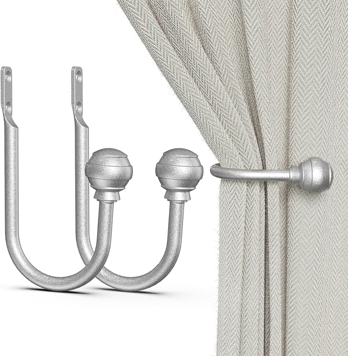 Hion Curtain Holdbacks Silver 2pcs, Curtain Tiebacks Wall Mounted Hooks | by Hion