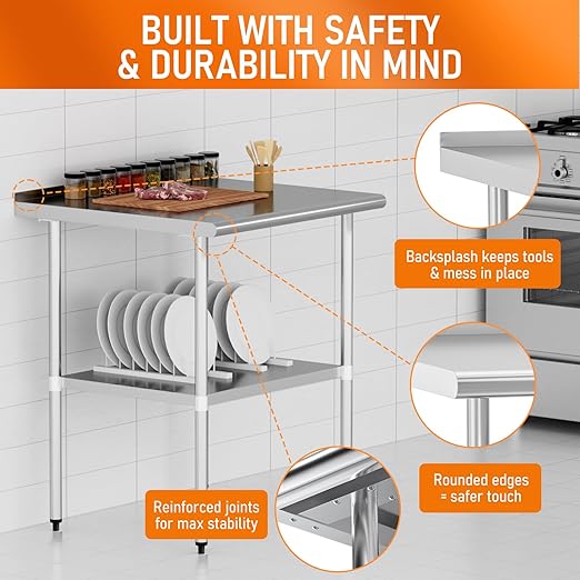 Stainless Steel Table for Prep & Work 30" X 30" inches with Adjustable Undershelf and Backsplash, Commercial Workstations, Utility Table in Kitchen Garage Outdoor BBQ