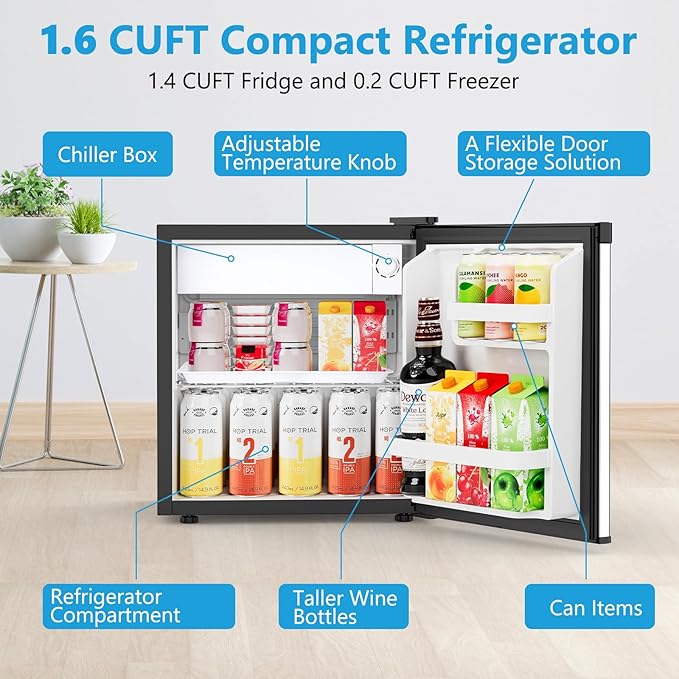 1.6 Cu.ft Mini Fridge with Freezer, Compact Single Reversible Door Refrigerator, Adjustable Thermostat, Ultra Quiet, Energy Efficient for Office, Dorm, Bedroom, Apartment -Silver
