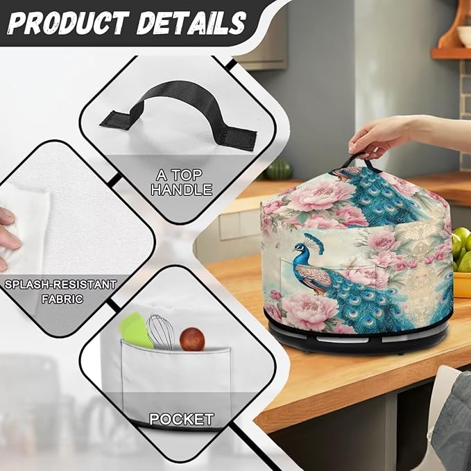 Peacock Peony Flower Vintage Print Slow Cooker Dust Cover with Storage Pocket and Handle Easy to Use Kitchen Appliances Accessory Rice Cooker Cover Fit Most 6/7/8 Quart Air Fryer