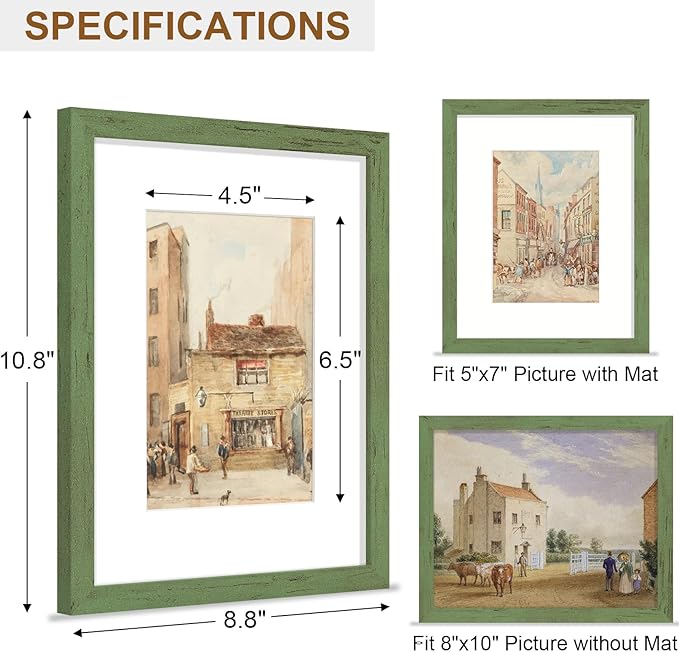 Vittanly 8x10 Picture Frame, Solid Wood Frame with Plexiglass, Includes 5x7 Mat, Wall Hanging or Tabletop for Home Decor, Rustic Green, 1 Pack
