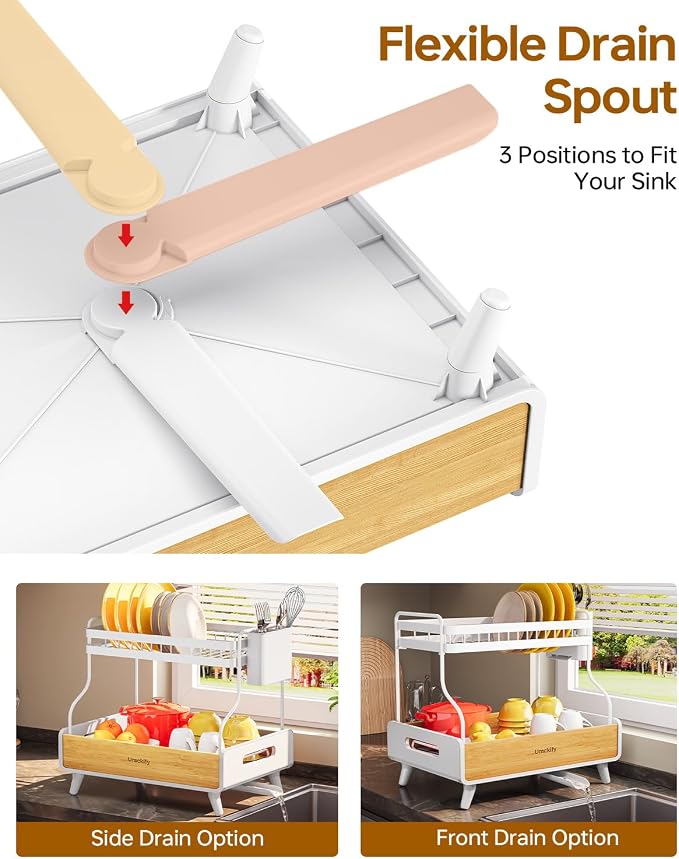 Urackify 2-Tier Stainless Steel&Bamboo Dish Rack - Image 3