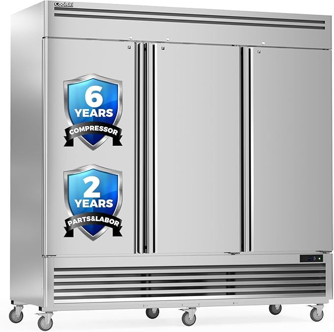 Coolski Commercial Freezer 82" W, 72 Cu.ft Stainless Steel Reach In Upright Freezer 3 Door, Auto-Defrost, 12 Adjustable Shelves, -13 to -5℉ Temp Control, LED Light, 5 Wheels