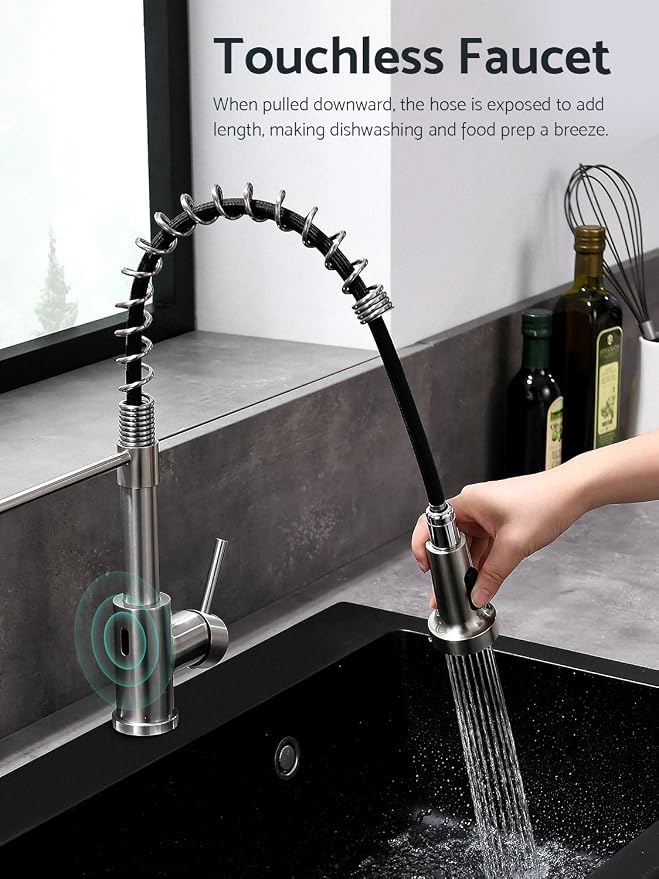 WEWE Touchless Kitchen Faucet, 2-Mode Sprayer, Brushed Nickel, Pull-Down | - Image 2