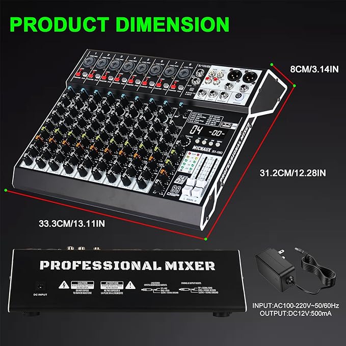 Audio Mixer 10 Channel Professional Sound Mixer Console with 99 DSP Effects, Mixing Board DJ Mixer w/USB, Bluetooth, 48V Power Supply, PAD Button for Recording Karaoke PA Drum Live Music