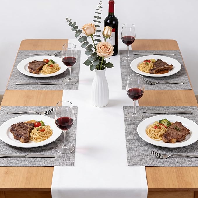 Timeet Placemats Set of 6, Heat Resistant Non-Slip Place Mats, Durable Washable PVC Vinyl Woven Table Mats, Linen Textured Table Placemats for Dining Kitchen Resistant Easy to Clean(Gray)