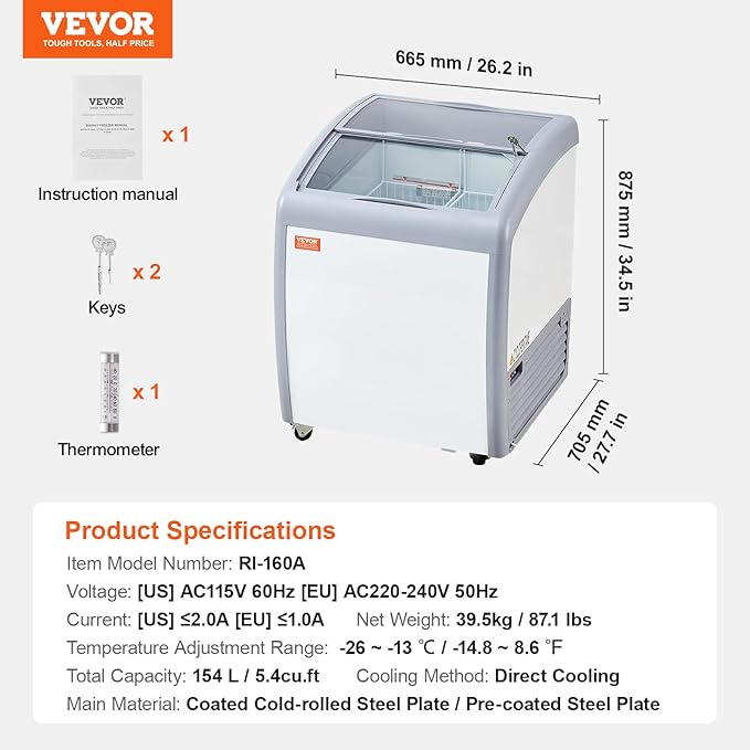 VEVOR Commercial Ice Cream Display Case, 5.4 Cu.ft Chest Freezer, Mobile Glass Top Deep Freezer, Restaurant Gelato Dipping Cabinet with 2 Wire Baskets, 2 Sliding Glass Doors, Locking Casters, White