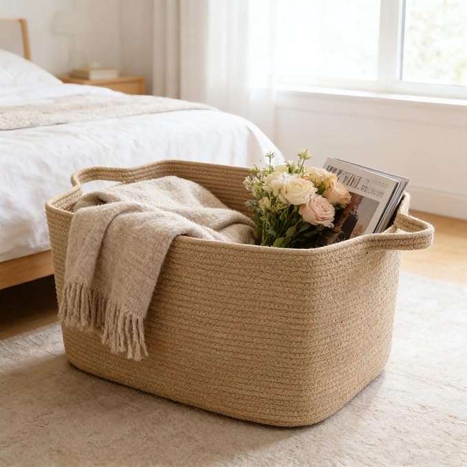 96L Woven Laundry Basket with Handles, Extra Blanket Basket - Image 4