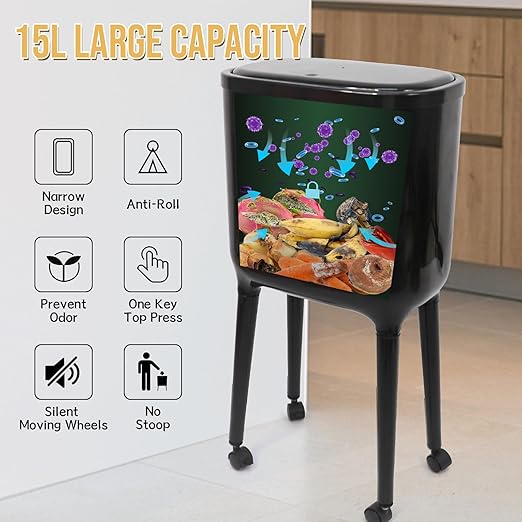 XPIY 4 Gallon Trash Can with Wheels and Lid, Modern Narrow Garbage Can with Raised Legs, Space-Saving Rolling Dog-Proof Trash Bin for Bathroom, Kitchen, Bedroom, Office (1, Black-1)