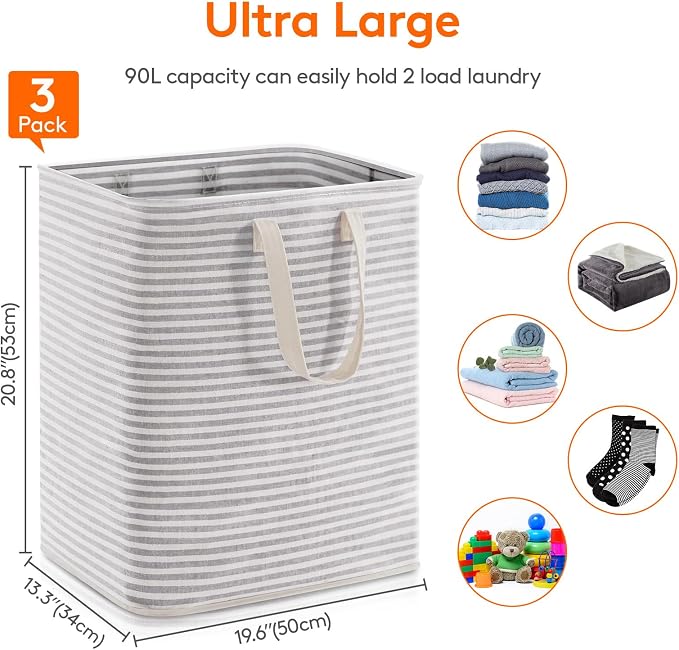 Lifewit 3 Pack Laundry Basket 90L Each, Collapsible Clothes Hamper - Image 4