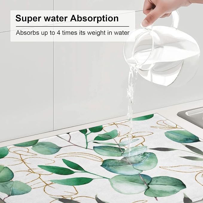 Green Leaves Dish Drying Mat For Kitchen Counter, Super Absorbent Microfiber - Image 5