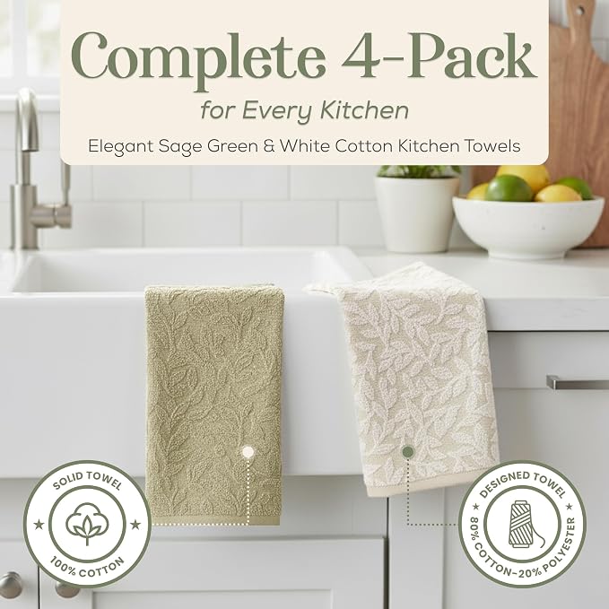 4 Pack Hand Towels, Cotton Sage Green and White Floral Kitchen Towel, Soft and - Image 2