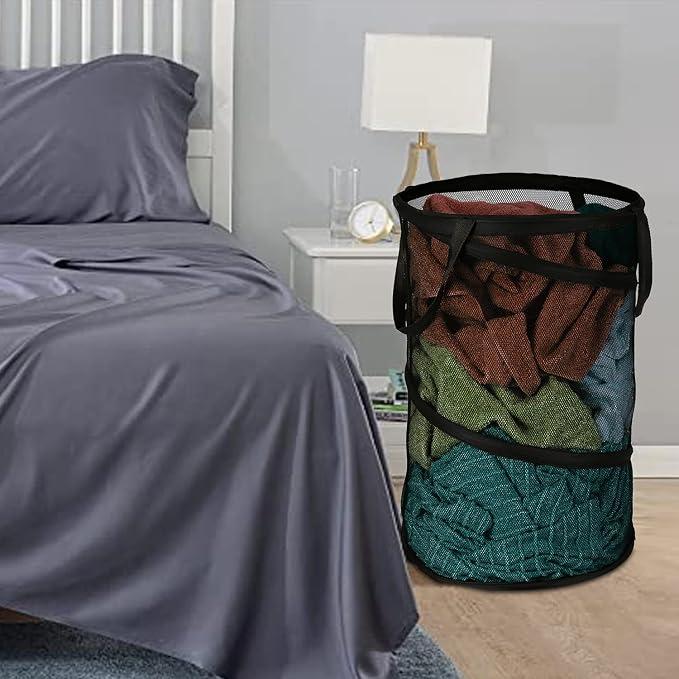 BATTOO 2 Pack Black Large Collapsible Laundry Basket Foldable Mesh Pop Up Hamper - Image 6
