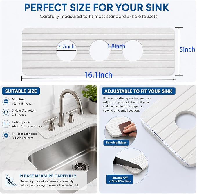 3 Hole Absorbent Faucet Mat, Quick Dry Diatomite Sink Splash Guard | Absorbent - Image 4