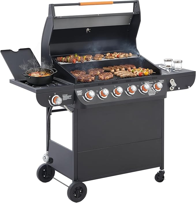 6 Burner Propane Gas Grill, 72,000 BTU Gas Grill with Side Burner, BBQ Grill with Cast Iron Grates, Stainless Steel Frame, 650 Sq In Cooking Area, Outside Grill for Patio Backyard