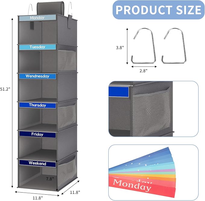 Weekly Kids Clothes Organizer 6-Shelf Hanging Closet Storage Dark Grey | - Image 3
