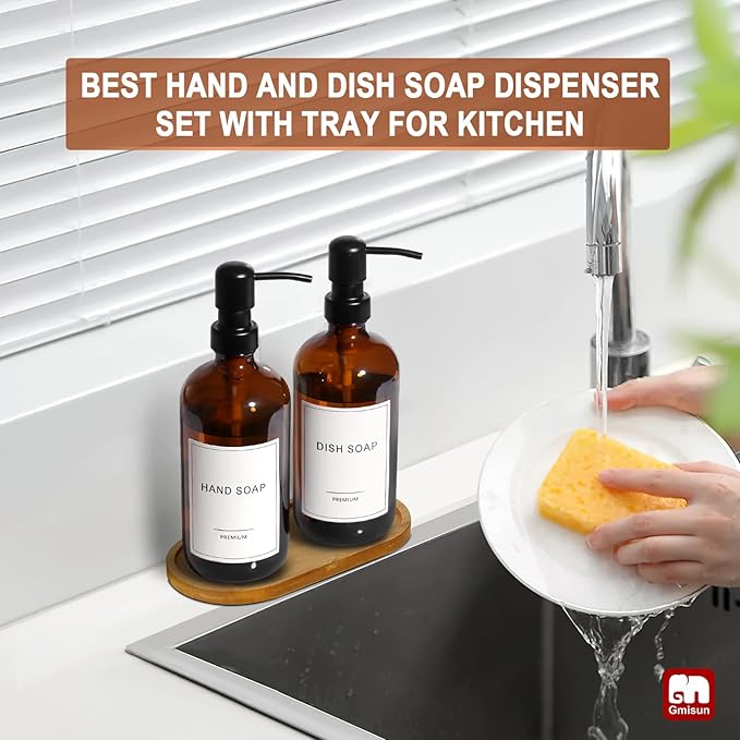 GMISUN Amber Glass Soap Dispenser, 2 Pack Bathroom Hand Soap Dispensers - Image 6