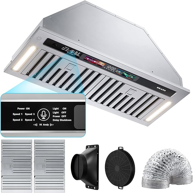 BRANO Range Hood Insert 30 Inch, 900 CFM Smart Voice/Gesture/Touch Control, 4 Speed Exhaust Fan, Stainless Steel Kitchen Hood with Charcoal Filter, Ducted/Ductless Convertible