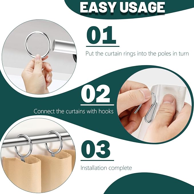 60Pcs 32mm Internal Diameter Curtain Rings and Curtain Drapery Pin Hooks | - Image 3