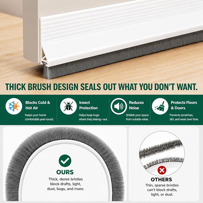 Door Draft Stopper with Brush, 1 Pack | Self Adhesive Weather Stripping - Image 6
